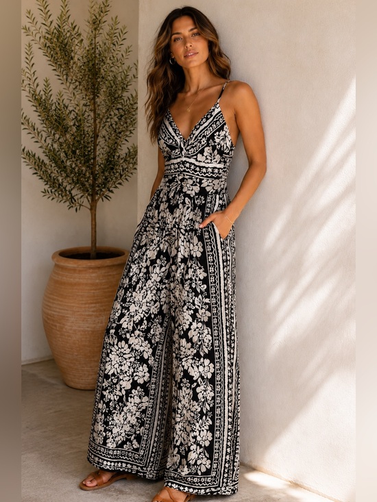 Angie Pants - Angie Black and White Floral Wide-Leg Jumpsuit